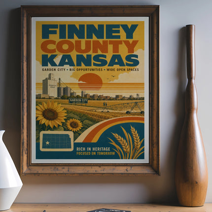Finney County Kansas poster with sunflower, wheat, and silo, promoting Garden City.