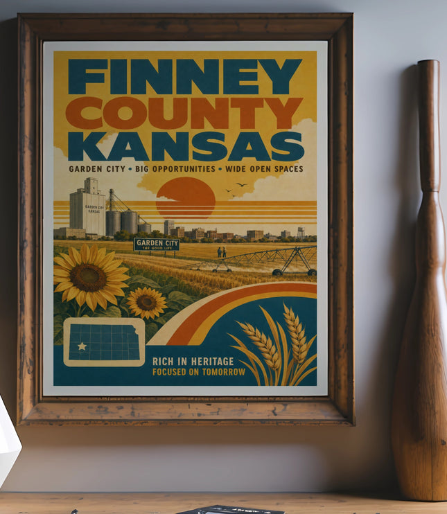 Finney County Kansas poster with sunflower, wheat, and silo, promoting Garden City.