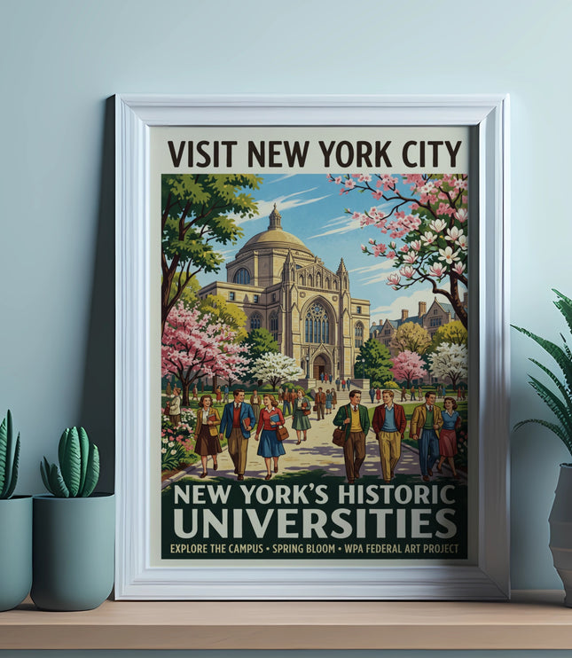 Visit New York City poster featuring historic universities with students; WPA Federal Art Project.