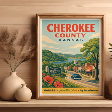 Cherokee County Kansas vintage travel poster with town scene and text.