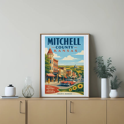 Vintage travel poster for Mitchell County, Kansas, featuring Beloit and a classic car.