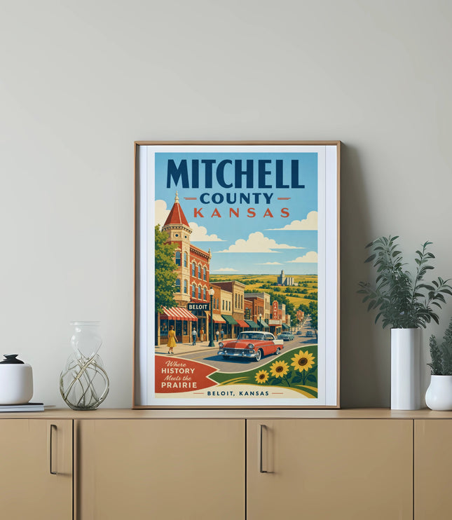 Vintage travel poster for Mitchell County, Kansas, featuring Beloit and a classic car.