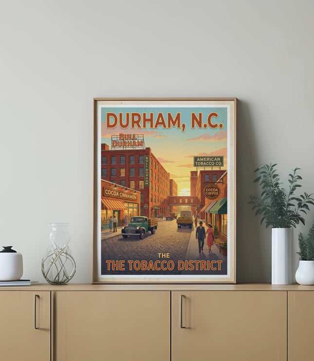 Vintage poster of Durham, N.C. Tobacco District with Bull Durham and American Tobacco Co.