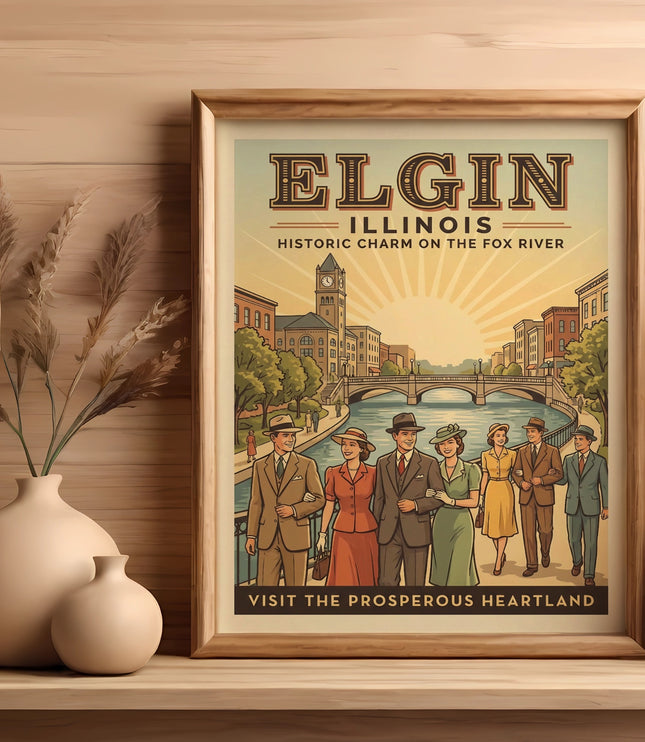 Elgin Illinois vintage travel poster with people walking by the Fox River.