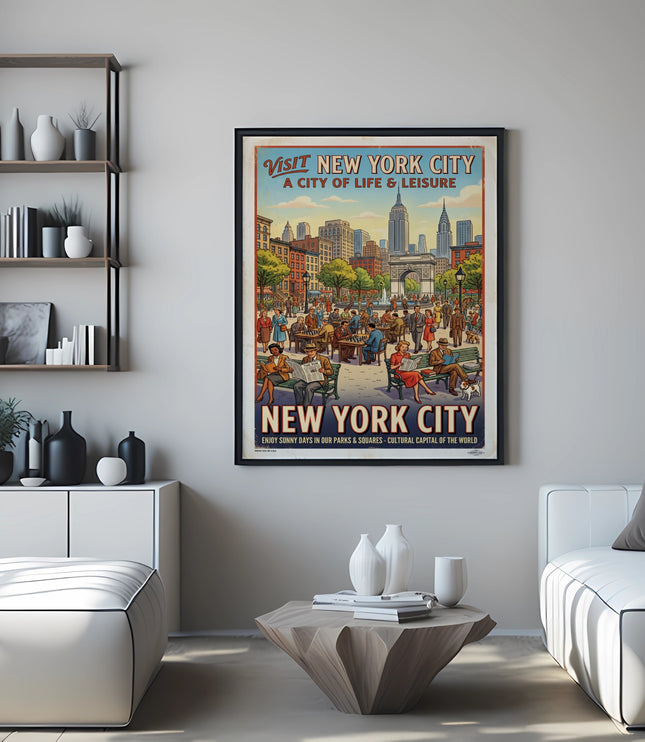 Vintage New York City travel poster with "A City of Life & Leisure" text.