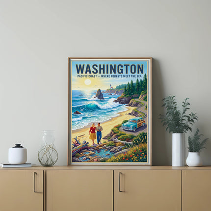 Washington Pacific Coast poster with couple, vintage car, and scenic ocean view.