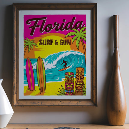 Florida Surf & Sun vintage travel poster with surfboards and tiki masks.