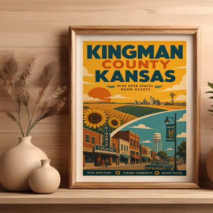 Kingman County Kansas vintage travel poster with theatre, bank, and farm scenes.
