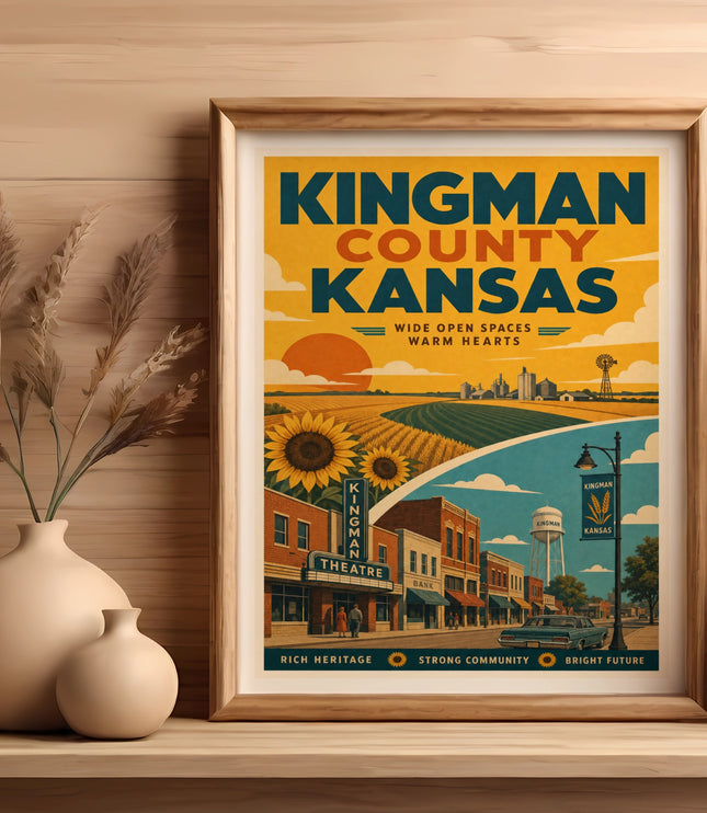 Kingman County Kansas vintage travel poster with theatre, bank, and farm scenes.