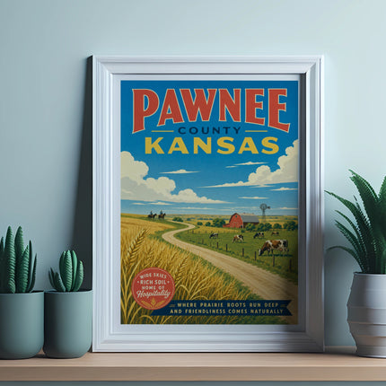 Pawnee County, Kansas vintage travel poster featuring a farm scene.