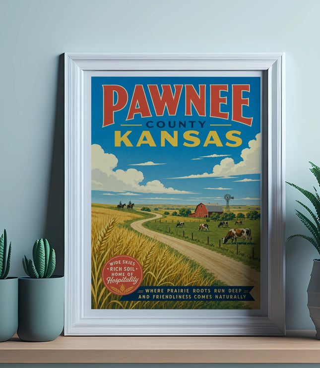 Pawnee County, Kansas vintage travel poster featuring a farm scene.