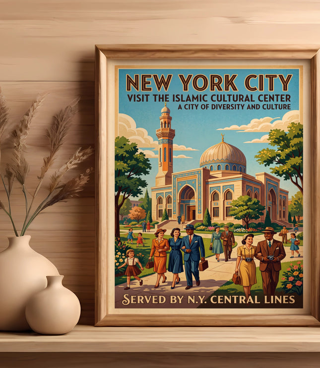 Vintage New York City poster of a mosque and diverse people, served by N.Y. Central Lines.