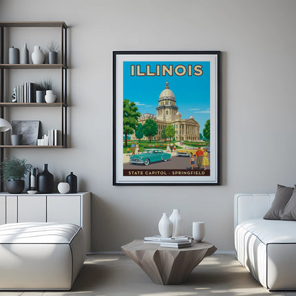 Vintage Illinois State Capitol travel poster with cars and people.
