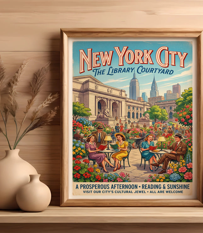 New York City Library Courtyard vintage travel poster with people reading.