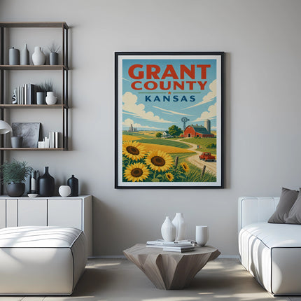 Grant County, Kansas poster with sunflowers, farm, and red barn.