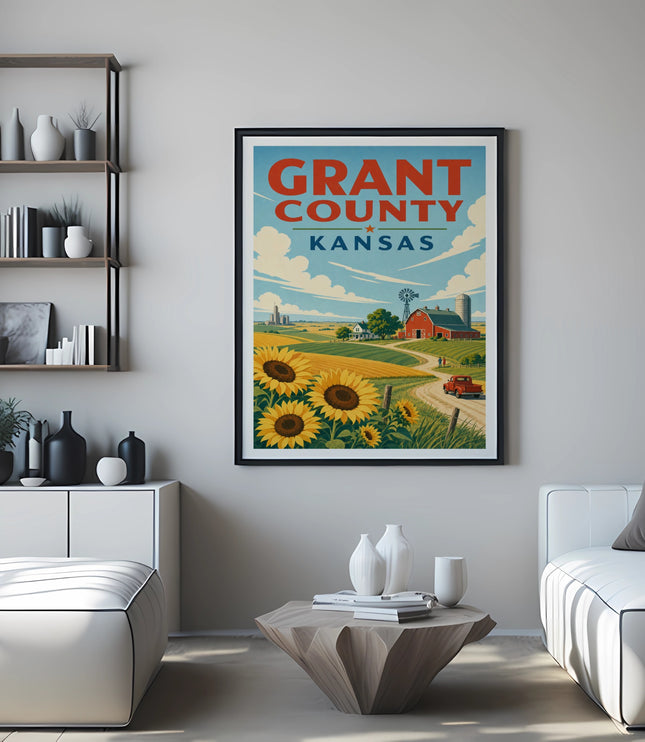 Grant County, Kansas poster with sunflowers, farm, and red barn.