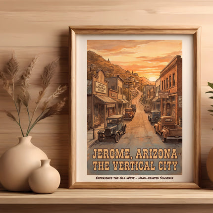 Jerome, Arizona - The Vertical City vintage poster with old cars and buildings.