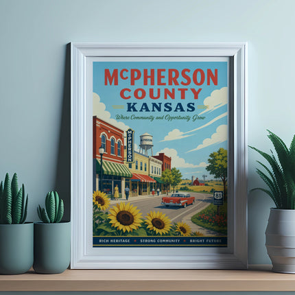 McPherson County, Kansas poster with town scene, sunflowers, and vintage car.