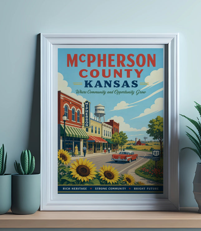 McPherson County, Kansas poster with town scene, sunflowers, and vintage car.