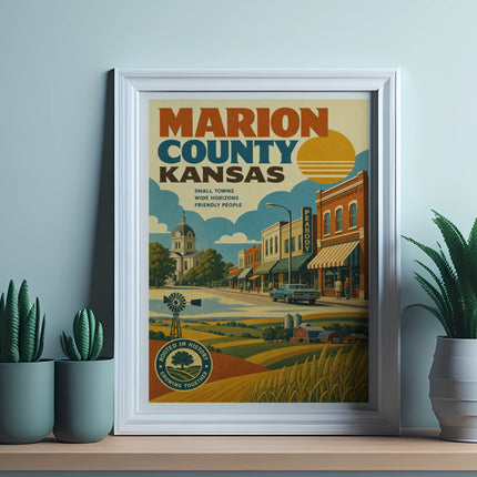 Marion County Kansas poster with town scene, fields, and text.