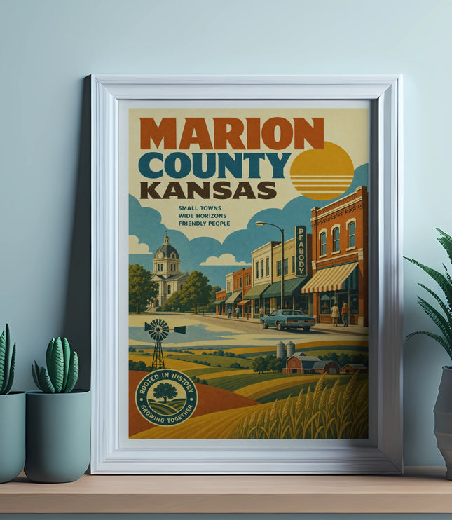Marion County Kansas poster with town scene, fields, and text.