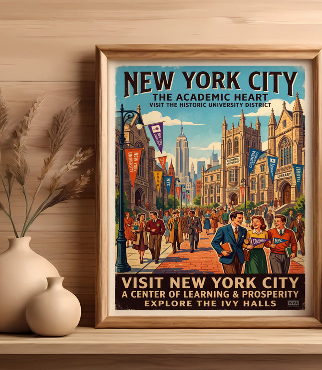 New York City vintage travel poster depicting the academic district with people.