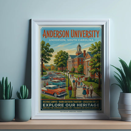 Anderson University poster with historic buildings, vintage cars, and students exploring heritage.
