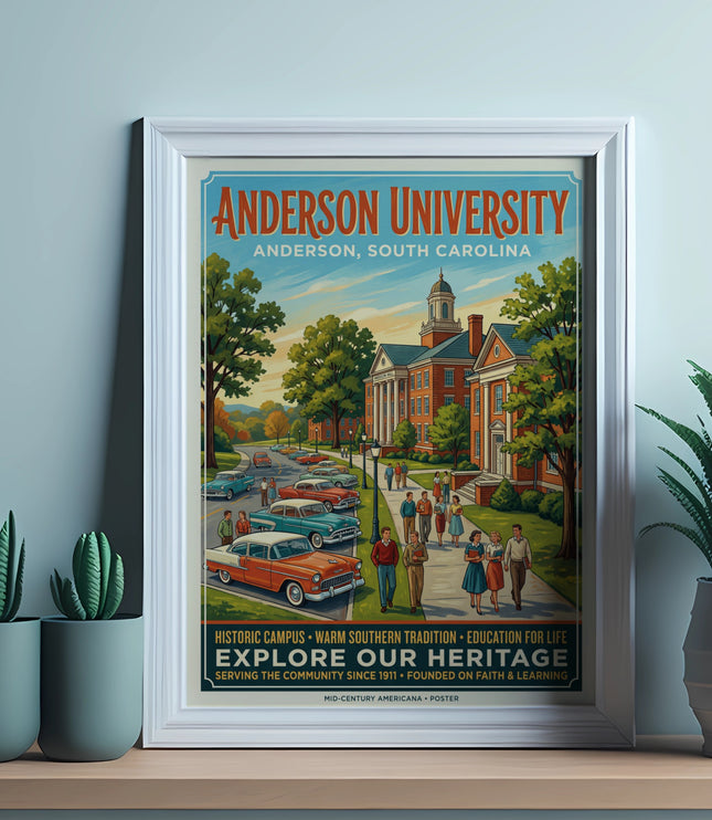 Anderson University poster with historic buildings, vintage cars, and students exploring heritage.