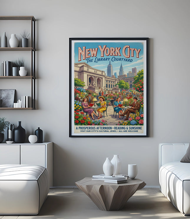 New York City Library Courtyard poster, with people reading outdoors.