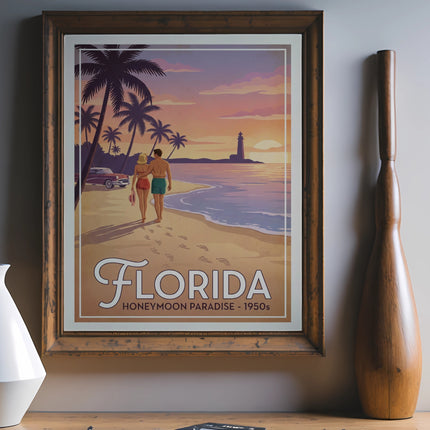 Vintage poster for "Honeymoon Paradise - 1950s" depicting a beach at sunset.