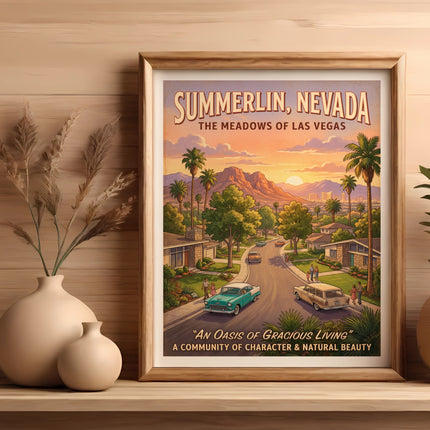 Vintage poster of Summerlin, Nevada, showing houses, cars, and mountains at sunset.