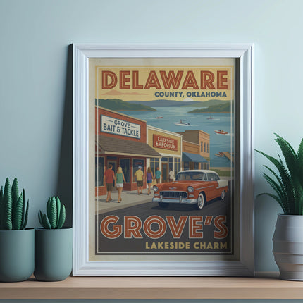 Delaware County, Oklahoma vintage travel poster with Grove's Lakeside Charm.