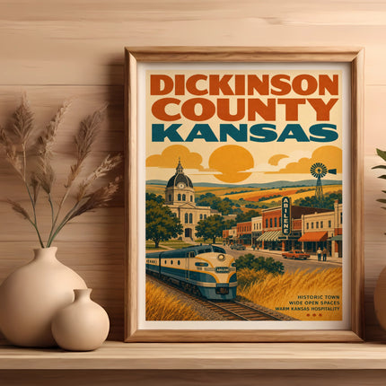 DICKINSON COUNTY vintage travel poster with train, buildings, and windmill.