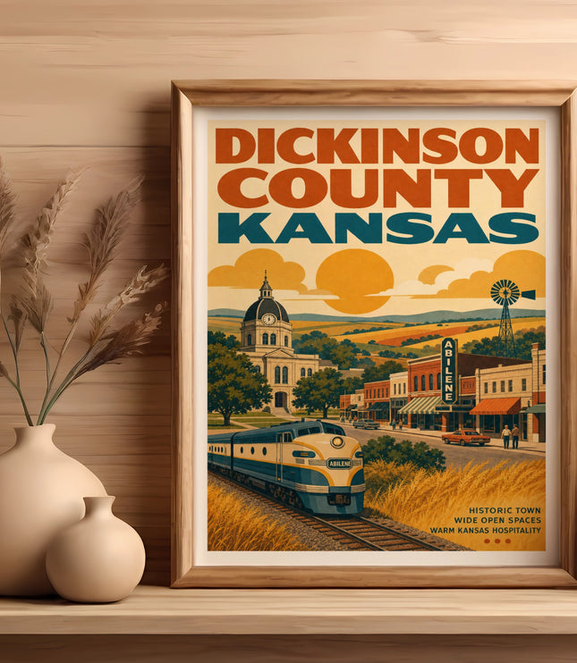 DICKINSON COUNTY vintage travel poster with train, buildings, and windmill.