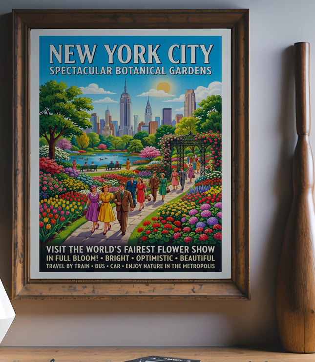 New York City Botanical Gardens vintage travel poster with flower show text.