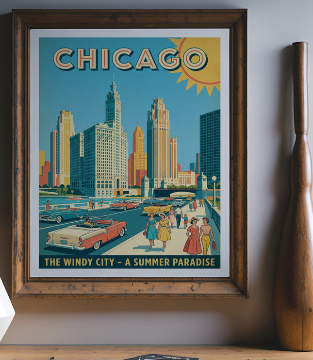 Vintage travel poster of Chicago skyline and street scene with text.