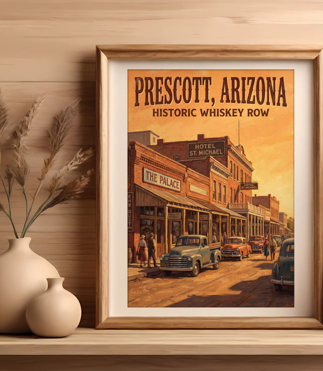 Prescott, Arizona Historic Whiskey Row poster with vintage cars and buildings.
