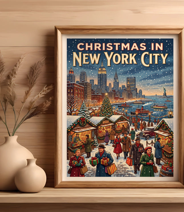 Framed "Christmas in New York City" poster depicting a snowy street market scene.