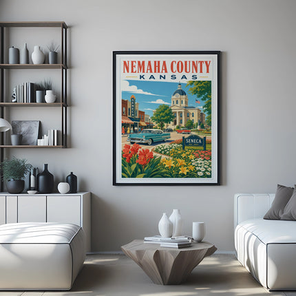 Poster of Nemaha County, Kansas, with courthouse, car, and colorful flowers.
