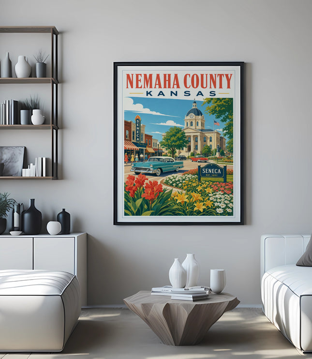 Poster of Nemaha County, Kansas, with courthouse, car, and colorful flowers.
