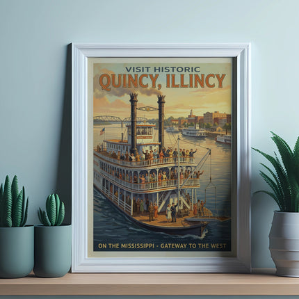 Historic Quincy, Illinois poster with steamboat and Mississippi River scene.