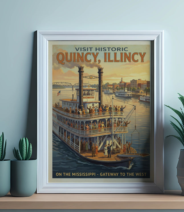 Historic Quincy, Illinois poster with steamboat and Mississippi River scene.
