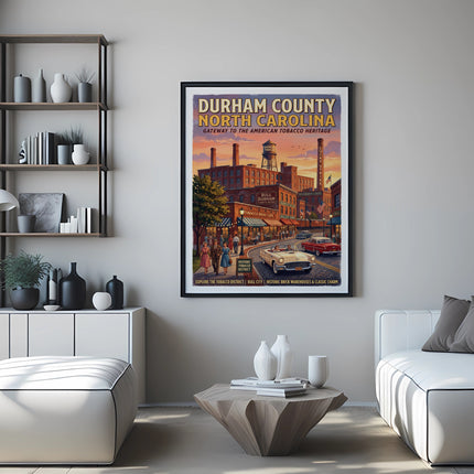 Vintage Durham County, North Carolina poster with tobacco heritage and Bull Durham factories.