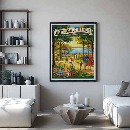 Retro poster: Visit Decatur, Illinois, the Heartland's Haven of Prosperity.