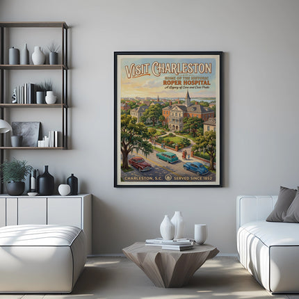 "Visit Charleston" poster featuring Roper Hospital, historic buildings, and cars.