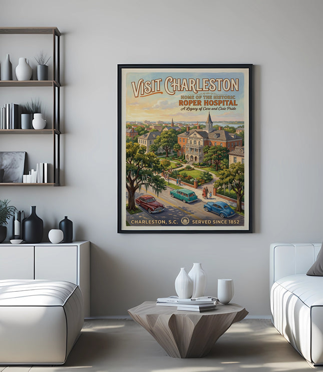 "Visit Charleston" poster featuring Roper Hospital, historic buildings, and cars.