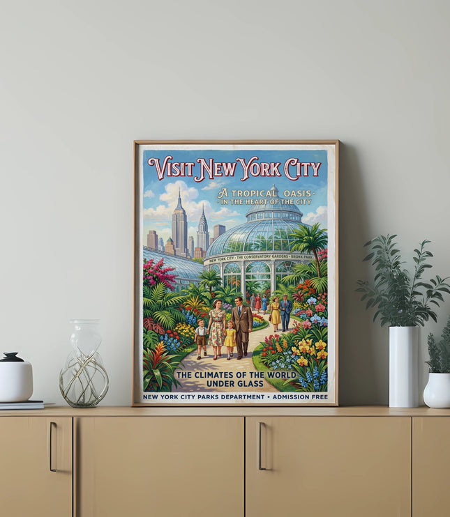 Vintage poster: "Visit New York City" shows a family and cityscape near Conservatory Gardens.