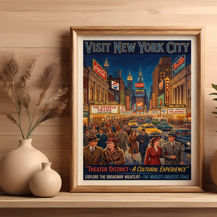 Vintage "Visit New York City" poster featuring theater district, street scene, and people.