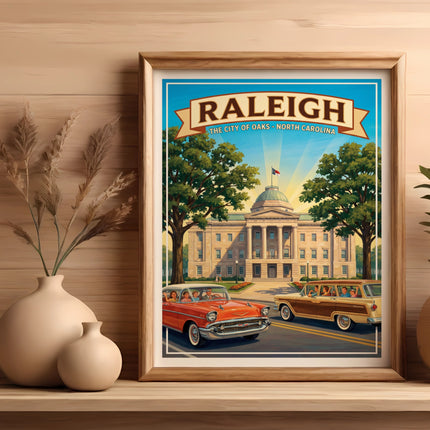 Raleigh, City of Oaks North Carolina artwork with vintage cars and state capitol.