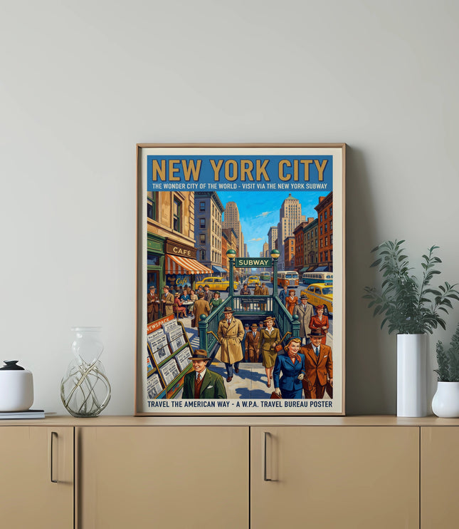 New York City poster showing people entering a subway station on a busy street.